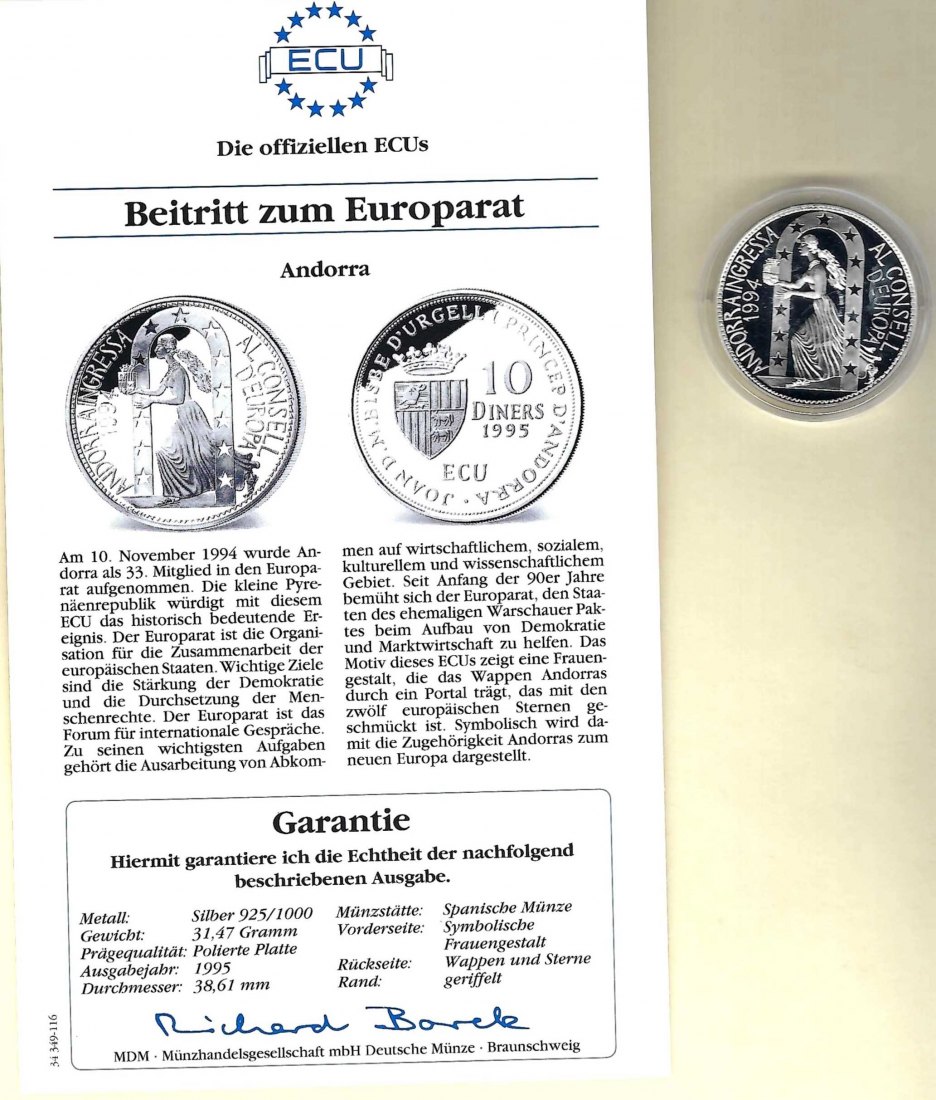  Andorra 10 Diners 1995 Ecu Europarat 925 Silber Münzen PP Golden Gate Koblenz Frank Maurer V 002   