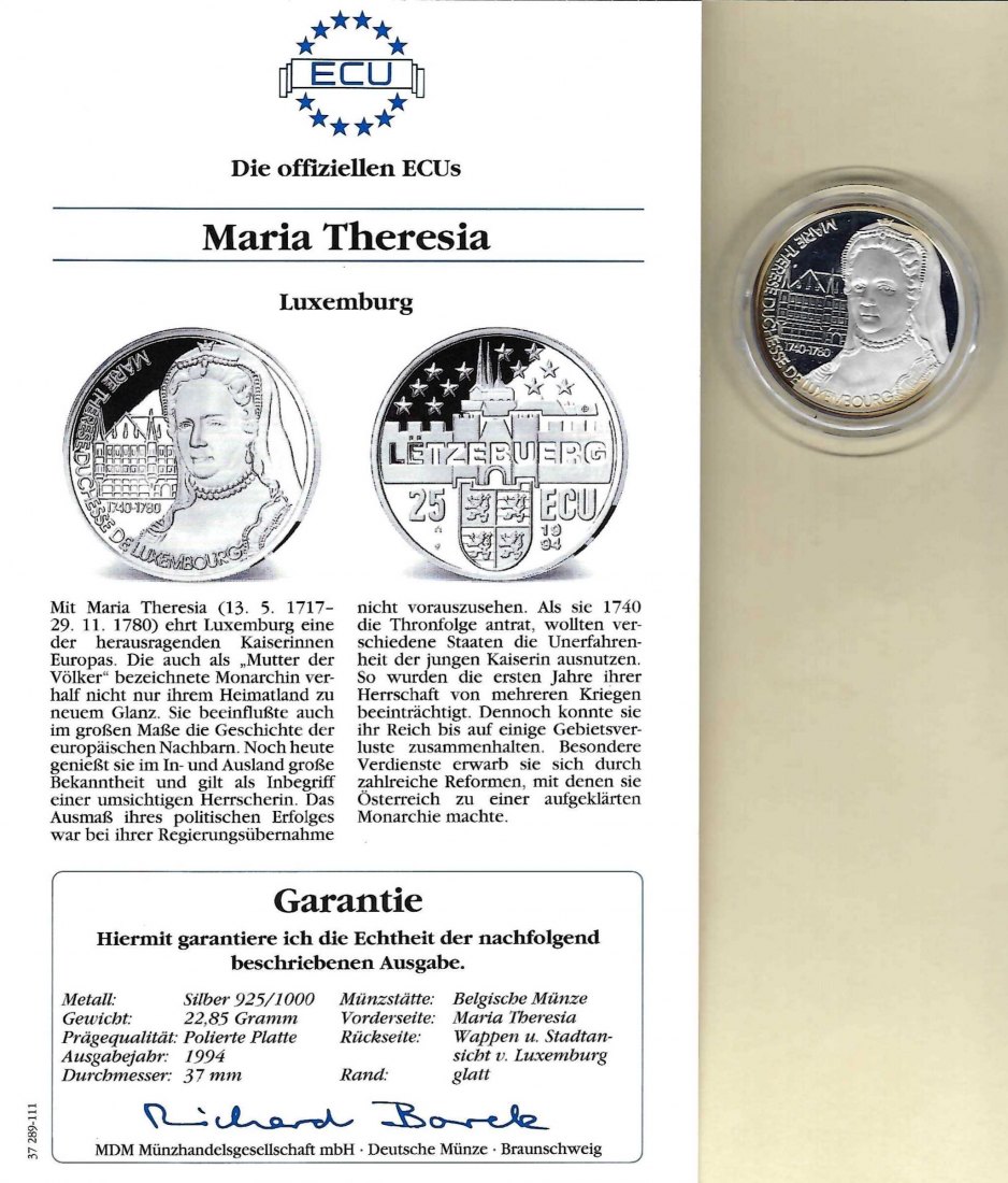  Luxemburg 25 Ecu 1994 Maria Theresia 925 Silber Münzen PP Golden Gate Koblenz Frank Maurer V 003   