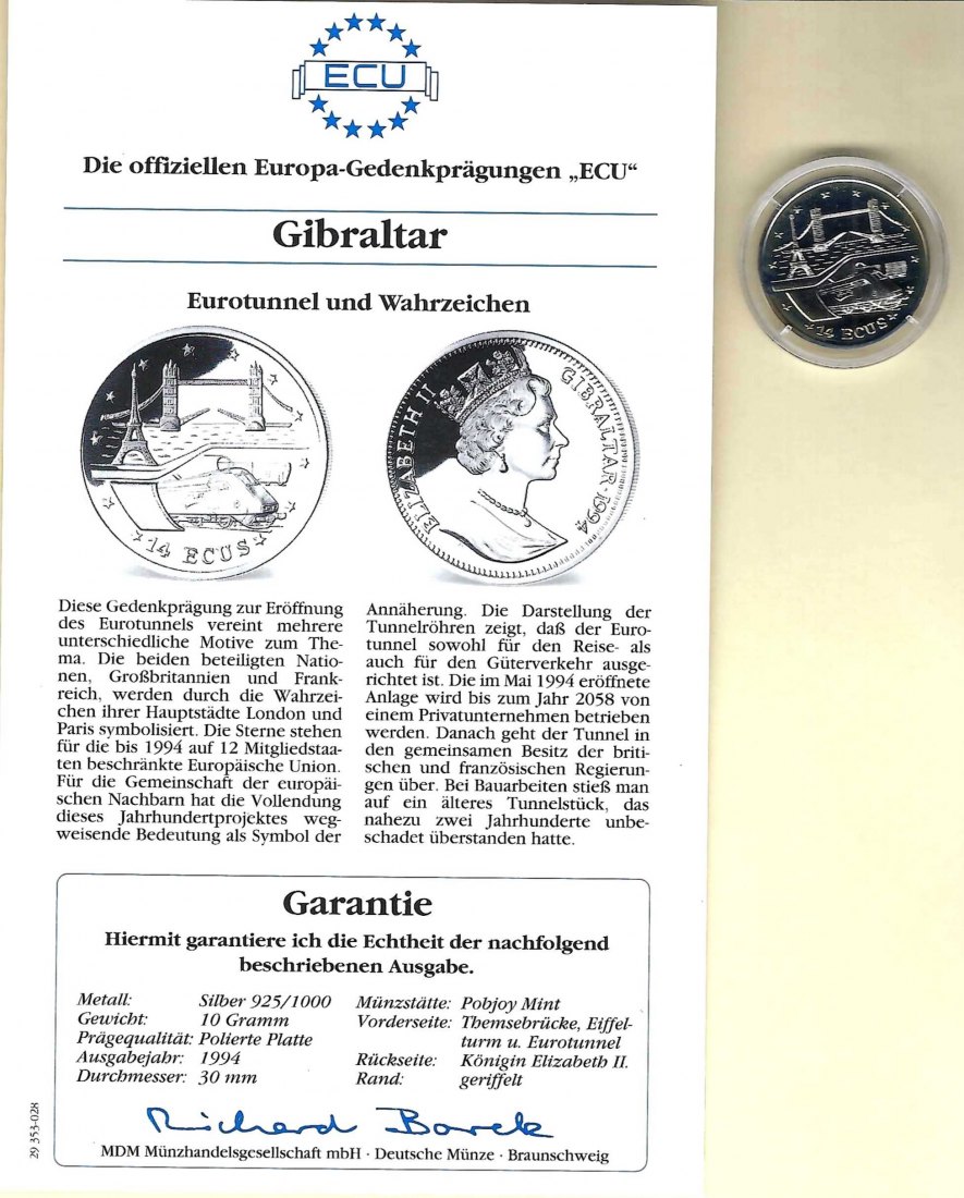  Gibraltar 14 Ecus 1994 925 Silber Münzen PP Golden Gate Koblenz Frank Maurer V 004   