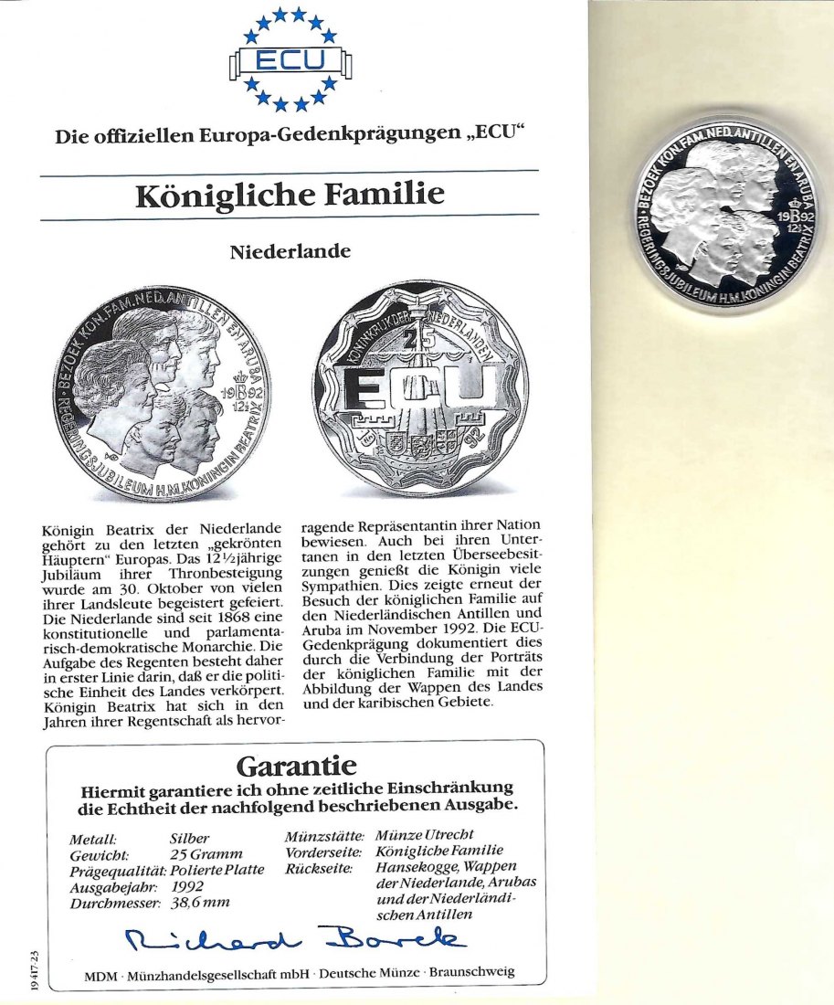  Niederlande 25 Ecu 1992 Königliche Familie925 Silber Münzen PP GoldenGate Koblenz Frank Maurer V 006   
