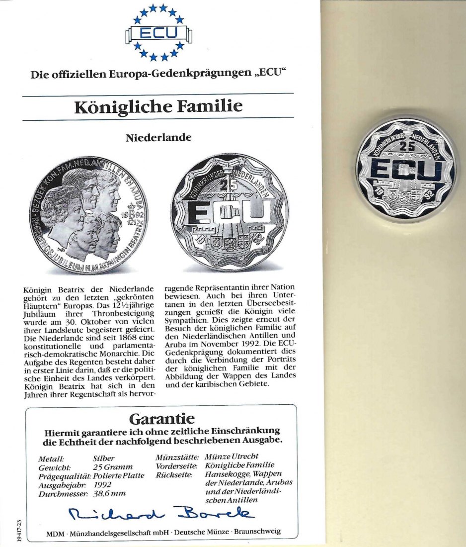  Niederlande 25 Ecu 1992 Königliche Familie925 Silber Münzen PP GoldenGate Koblenz Frank Maurer V 006   