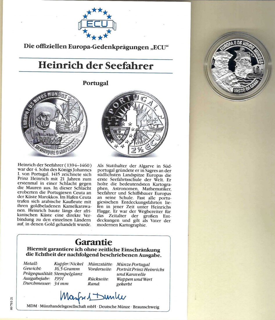  Portugal 2 1/2 Ecu 1991 Seefahrer 925 Silber Münzen PP GoldenGate Koblenz Frank Maurer V 007   