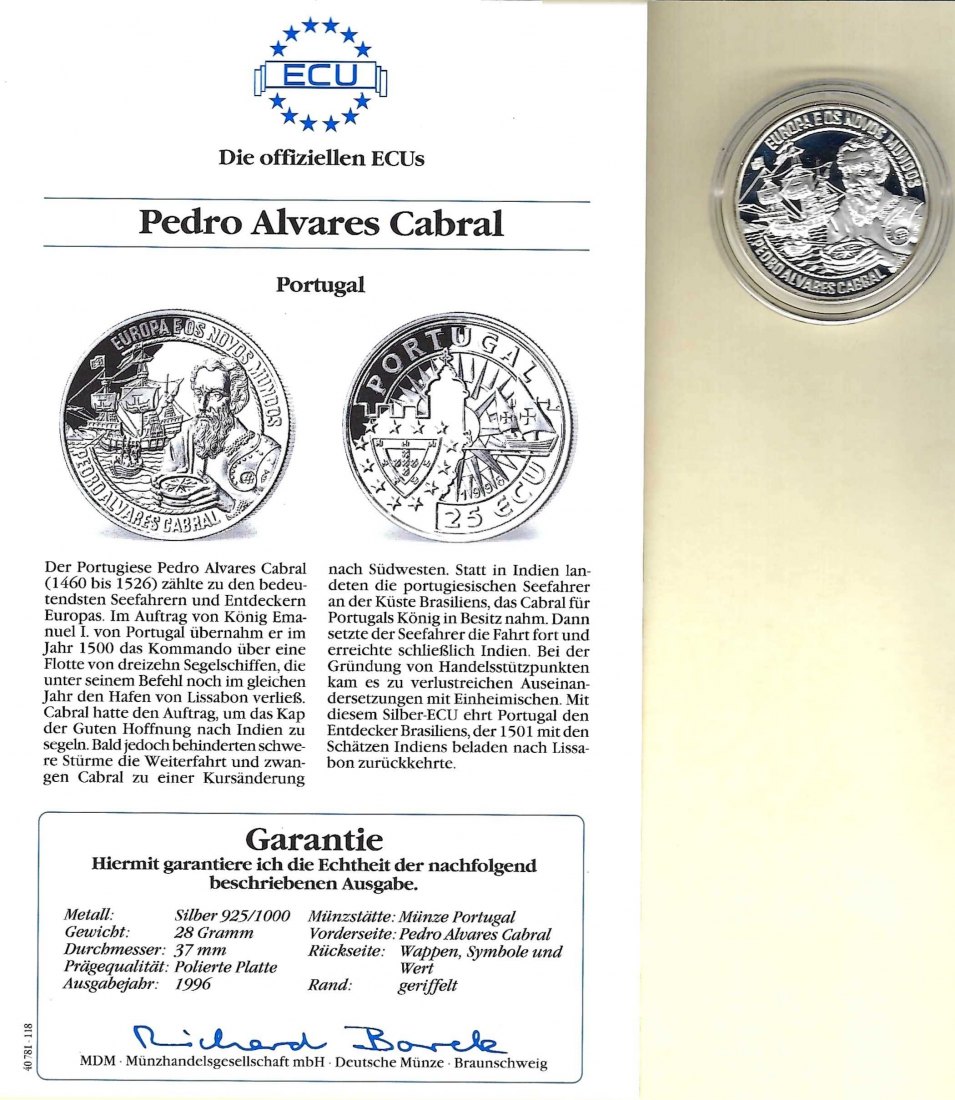  Portugal 25 Ecu 1996 Cabral 925 Silber Münzen PP GoldenGate Koblenz Frank Maurer V 008   