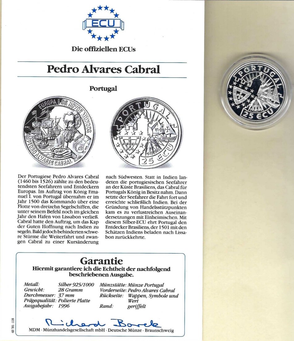  Portugal 25 Ecu 1996 Cabral 925 Silber Münzen PP GoldenGate Koblenz Frank Maurer V 008   