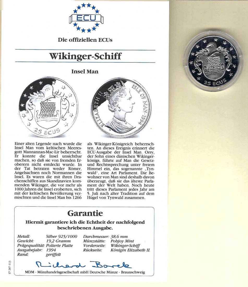  Insel Man 25 Ecu 1994 Wikinger Schiff 925 Silber Münzen PP GoldenGate Koblenz Frank Maurer V 009   