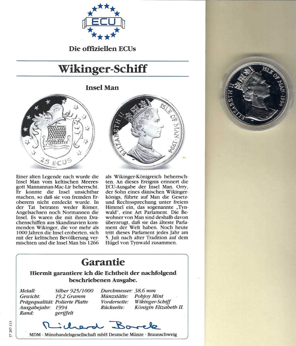  Insel Man 25 Ecu 1994 Wikinger Schiff 925 Silber Münzen PP GoldenGate Koblenz Frank Maurer V 009   