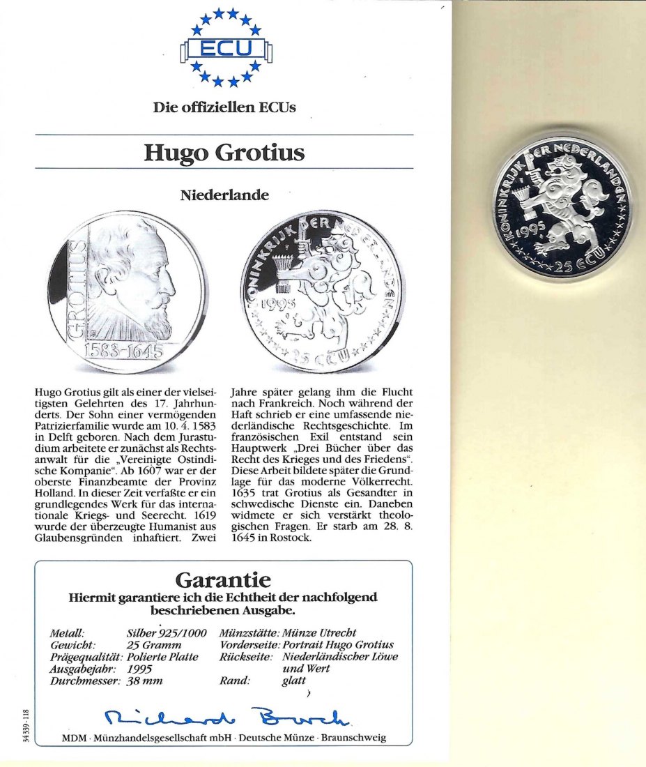  Niederlande 25 Ecu 1995 Grotius 925 Silber Münzen PP GoldenGate Koblenz Frank Maurer V 010   
