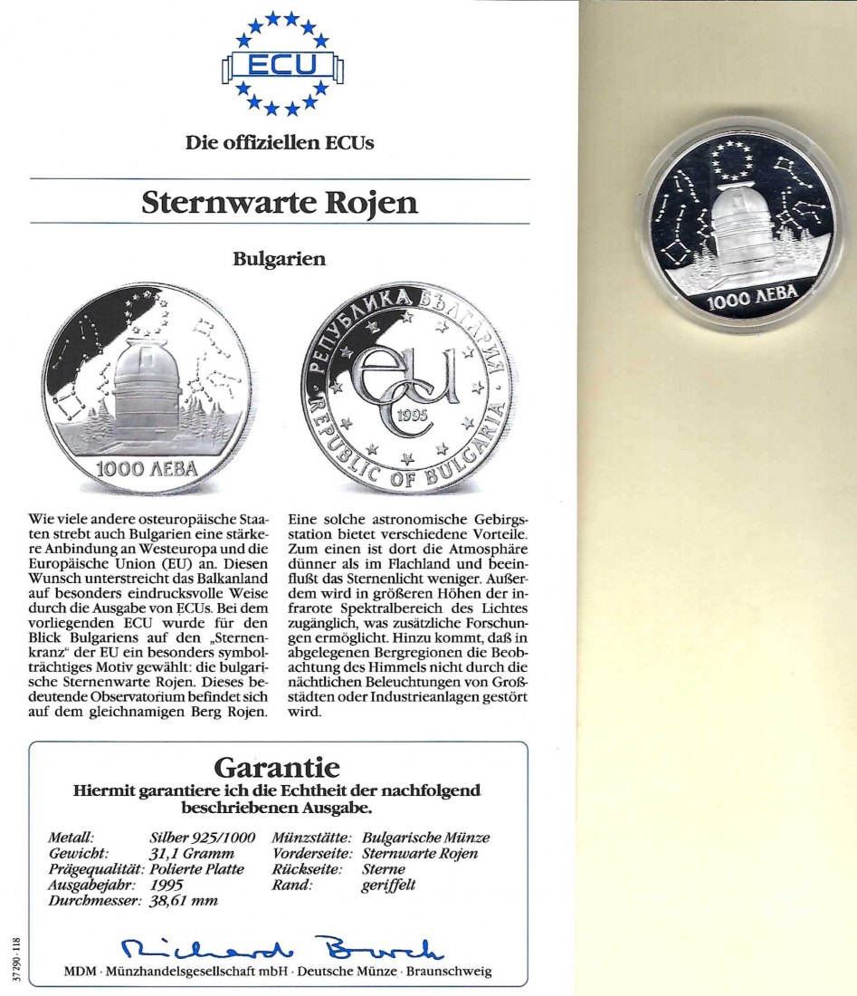  Bulgarien 1000 Leva Sternwarte Ecu 925 Silber Münzen PP Golden Gate Koblenz Frank Maurer V 011   
