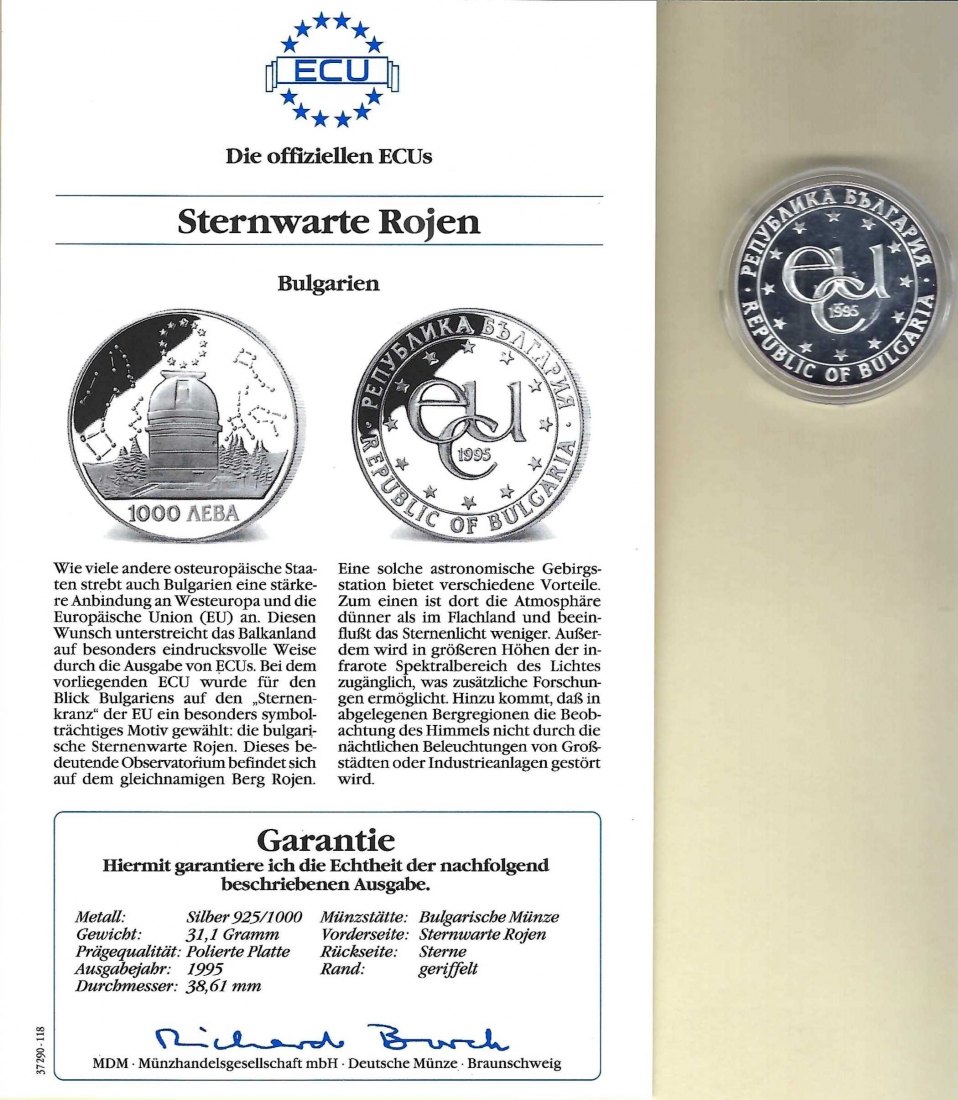  Bulgarien 1000 Leva Sternwarte Ecu 925 Silber Münzen PP Golden Gate Koblenz Frank Maurer V 011   