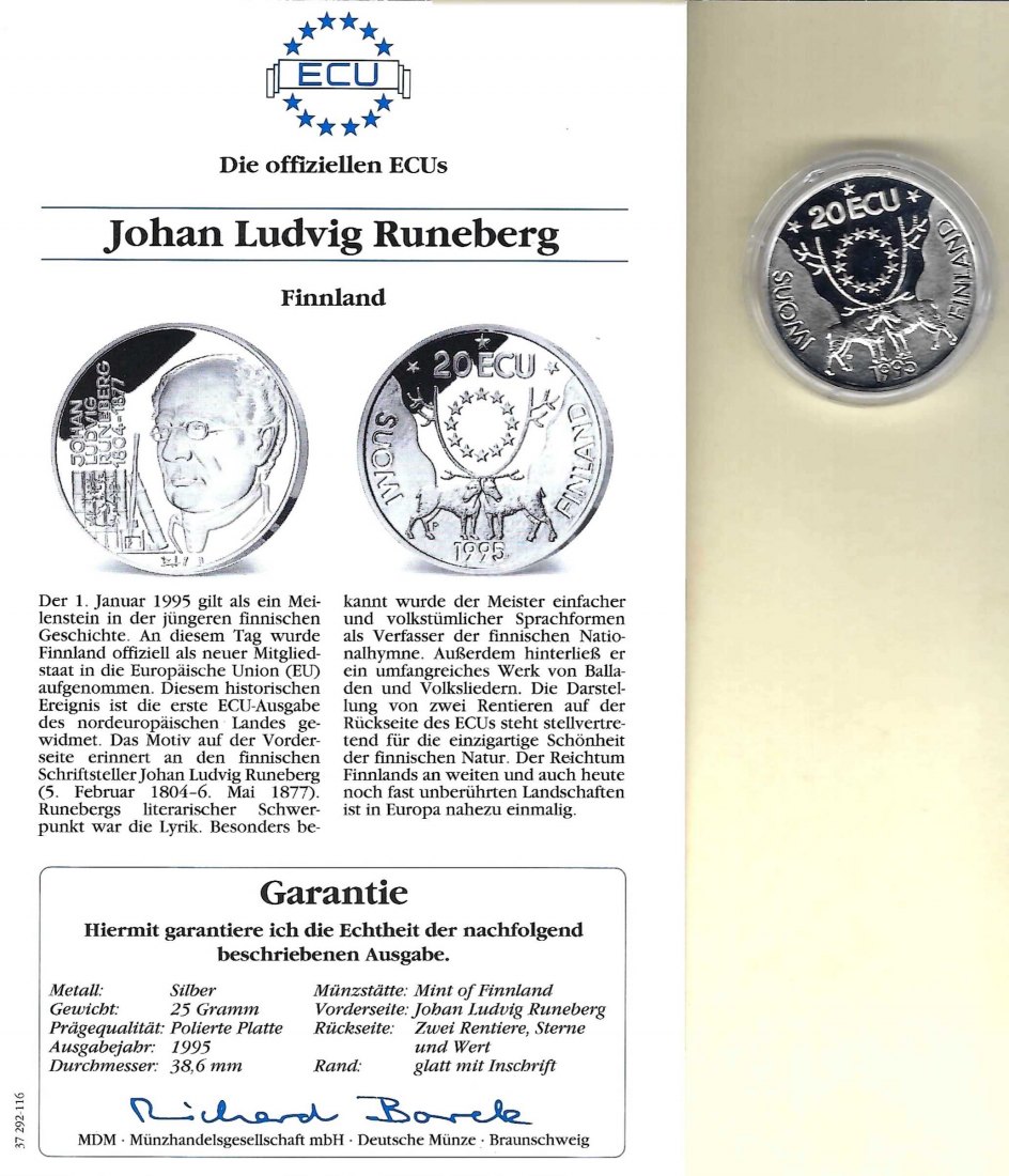  Finnland 20 Ecu 1995 Runeberg 925 Silber Münzen PP Golden Gate Koblenz Frank Maurer V 012   