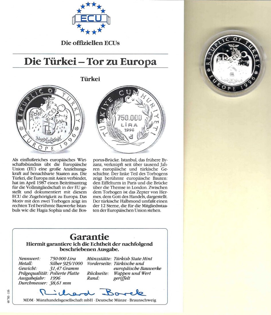  Türkei 750000 Lira 1996 Tor 925 Silber Münzen PP Golden Gate Koblenz Frank Maurer V 014   