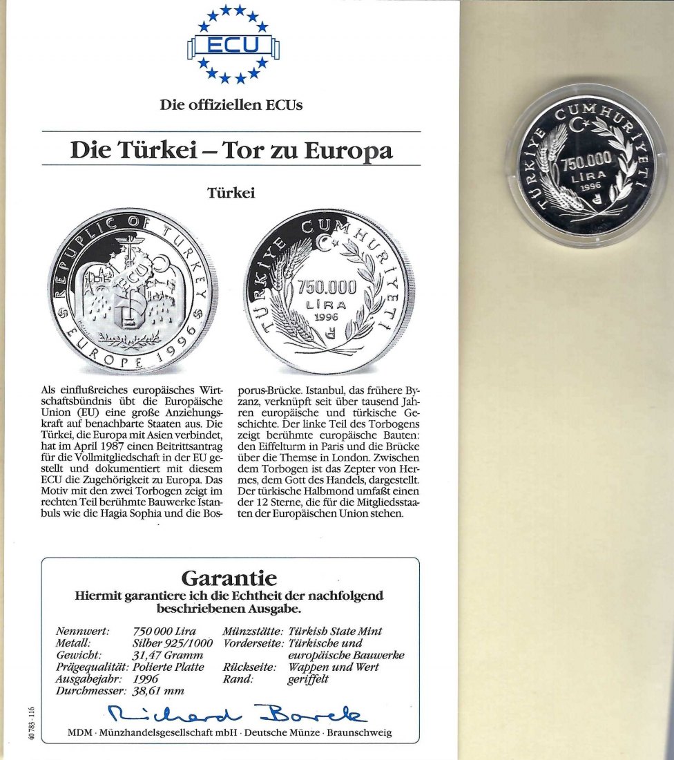  Türkei 750000 Lira 1996 Tor 925 Silber Münzen PP Golden Gate Koblenz Frank Maurer V 014   