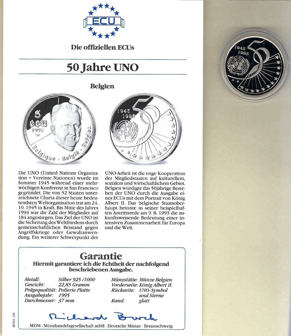  Belgien 5 Ecu 1995 50 Jahre UNO 925 Silber PP Golden Gate Koblenz Frank Maurer V 016   