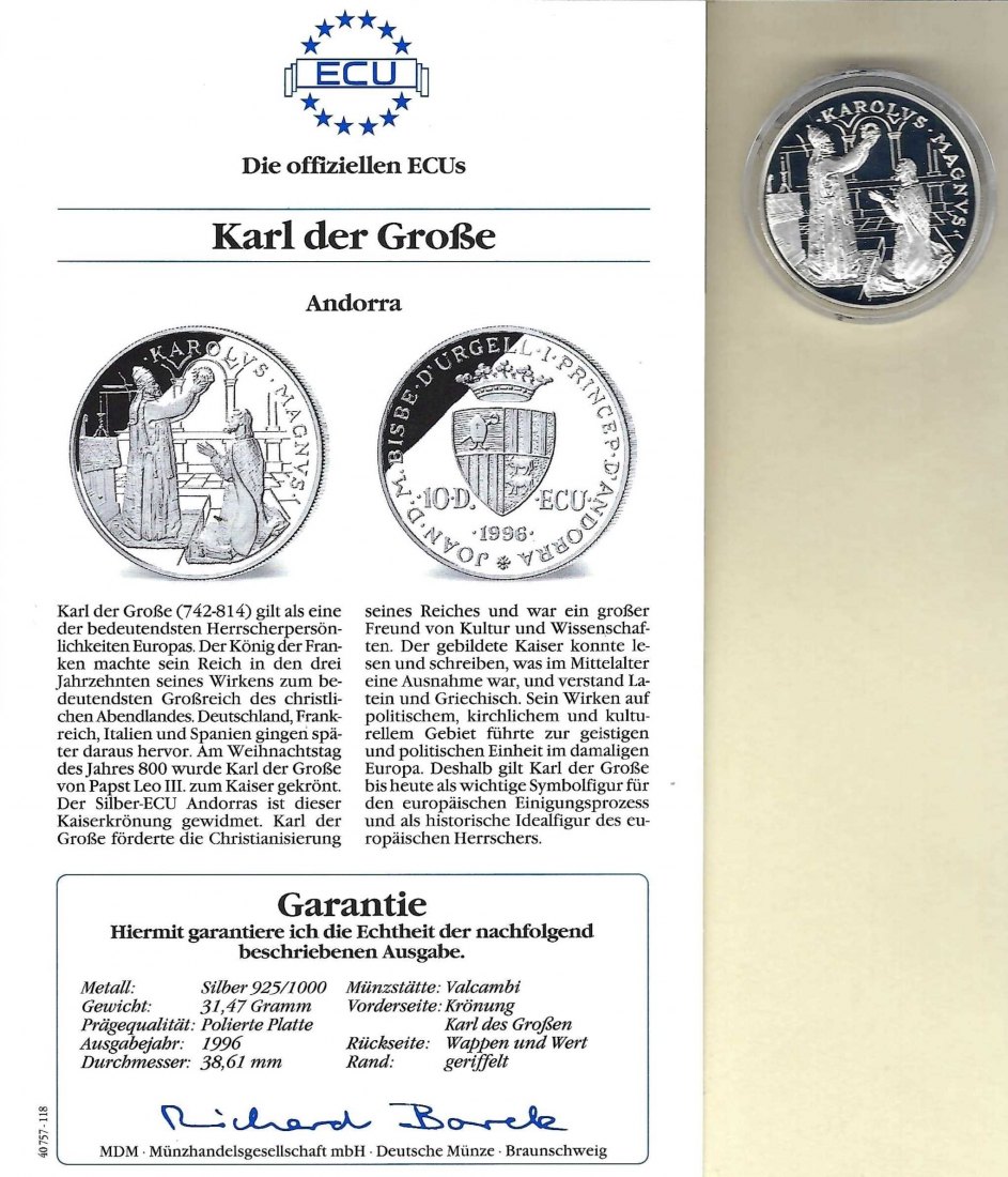  Andorra 10 Diners 1996 Karl der Große 925 Silber PP Golden Gate Koblenz Frank Maurer V 017   