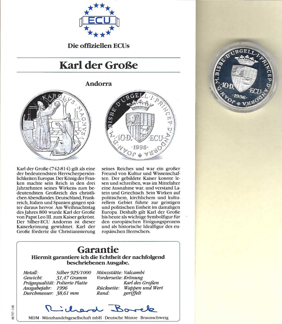  Andorra 10 Diners 1996 Karl der Große 925 Silber PP Golden Gate Koblenz Frank Maurer V 017   