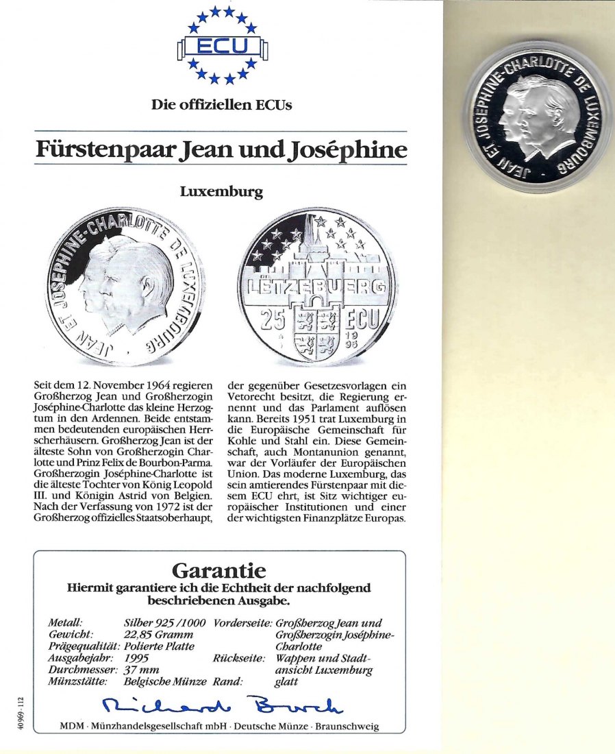  Luxemburg 25 Ecu 1995 Fürstenpaar 925 Silber PP Golden Gate Koblenz Frank Maurer V 018   