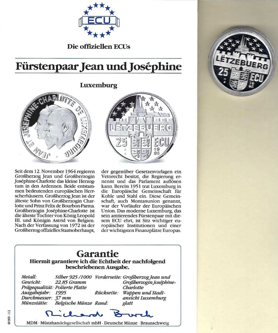  Luxemburg 25 Ecu 1995 Fürstenpaar 925 Silber PP Golden Gate Koblenz Frank Maurer V 018   