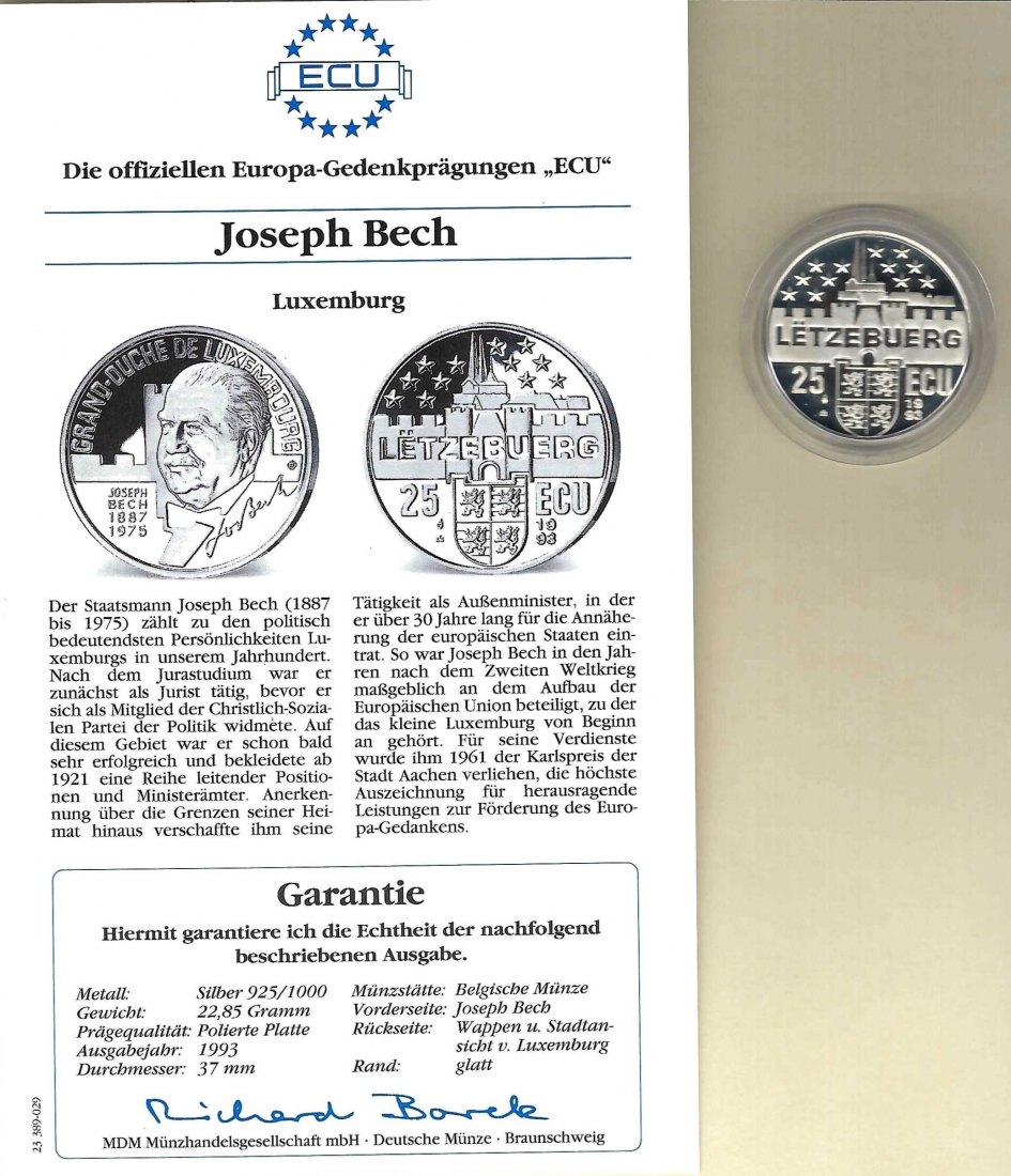  Luxemburg 25 Ecu Joseph Bech 925 Silber PP Golden Gate Koblenz Frank Maurer V 021   