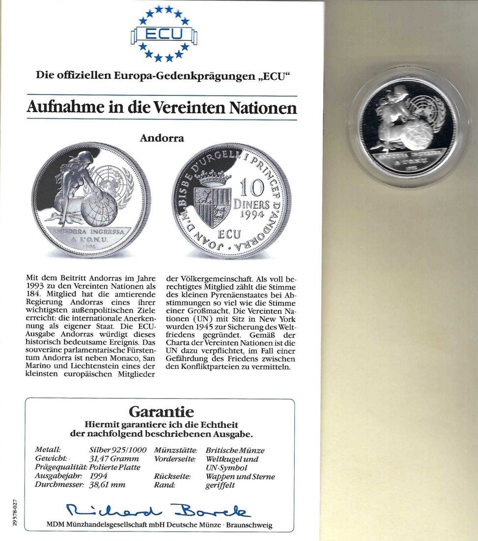  Andorra 10 Diners 1994 Vereinten Nationen 925 Silber PP Golden Gate Koblenz Frank Maurer V 023   