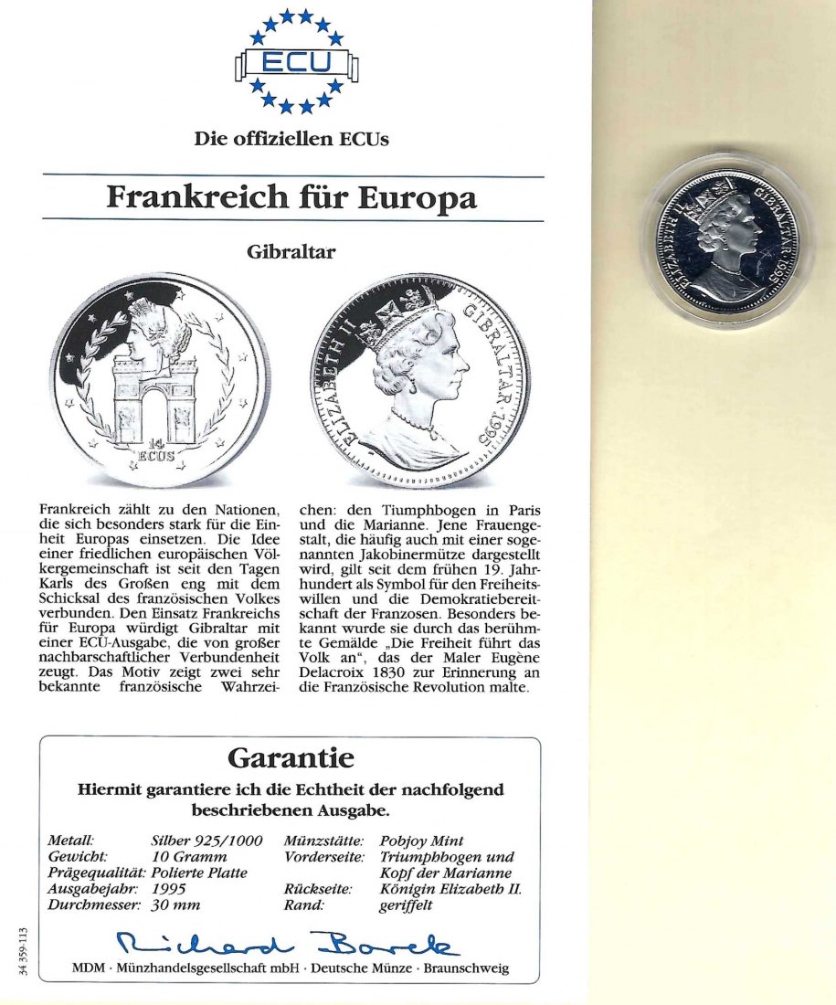  Gibraltar 14 Ecus 1995 Frankreich für Europa 925 Silber PP Golden Gate Koblenz Frank Maurer V 026   