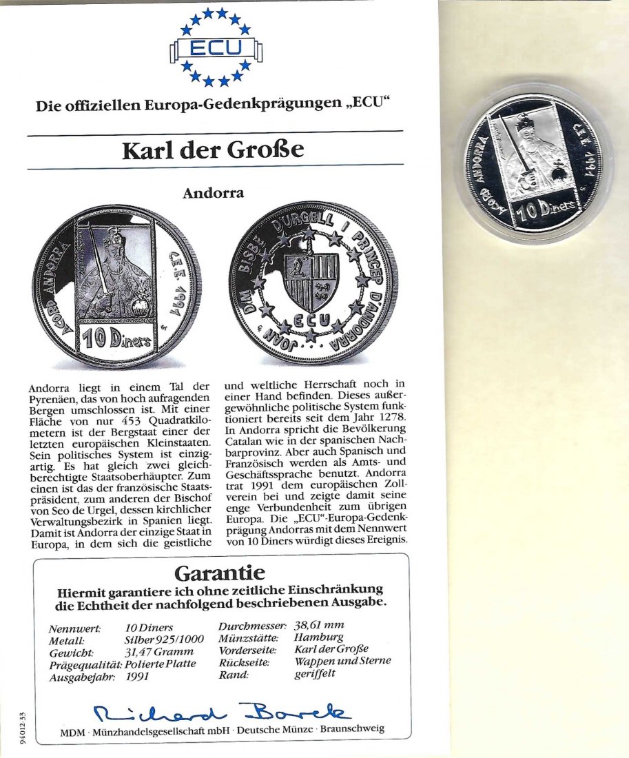  Andorra 10 Diners 1991 Karl der Große 925 Silber PP Golden Gate Koblenz Frank Maurer V 027   