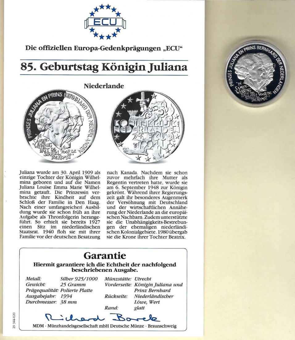  Niederlande 25 Ecu 1994 Königin Juliana 925 Silber PP Golden Gate Koblenz Frank Maurer V 028   
