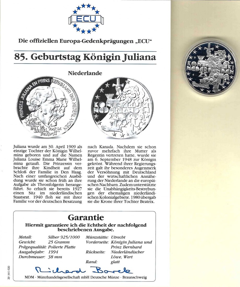  Niederlande 25 Ecu 1994 Königin Juliana 925 Silber PP Golden Gate Koblenz Frank Maurer V 028   