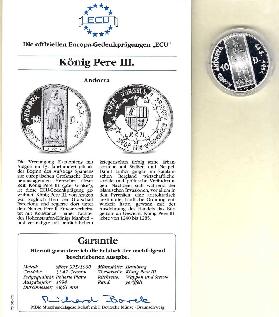  Andorra 10 Diners 1994 König Pere III. 925 Silber PP Golden Gate Koblenz Frank Maurer V 029   