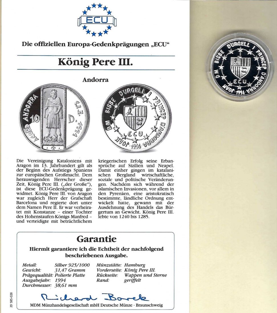  Andorra 10 Diners 1994 König Pere III. 925 Silber PP Golden Gate Koblenz Frank Maurer V 029   