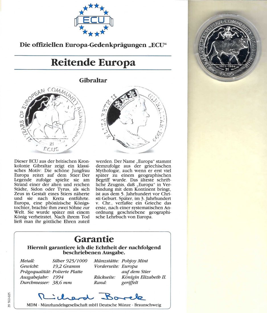  Gibraltar 21 Ecus 1994 Reitende Europa 925 Silber PP Golden Gate Koblenz Frank Maurer V 030   