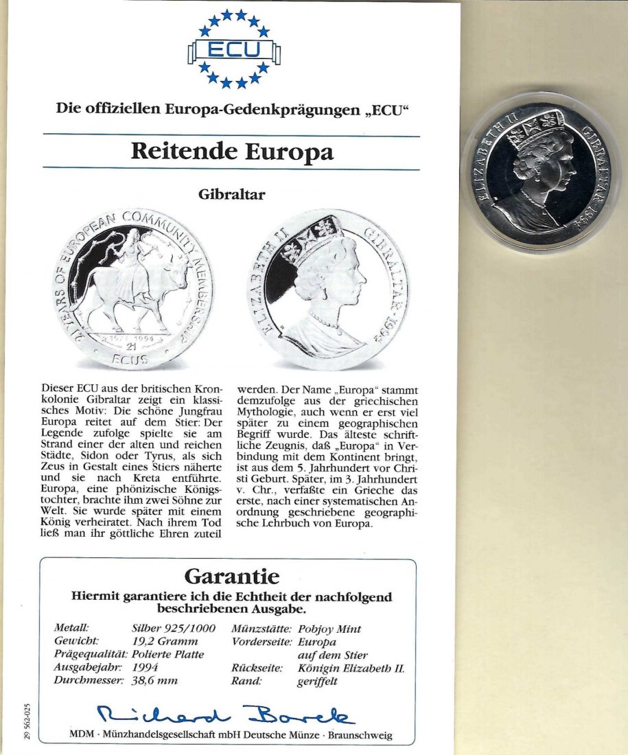  Gibraltar 21 Ecus 1994 Reitende Europa 925 Silber PP Golden Gate Koblenz Frank Maurer V 030   