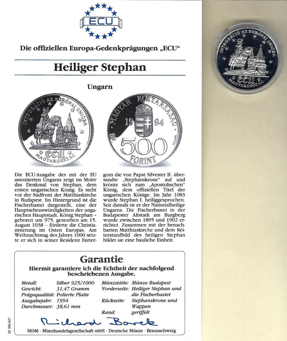  Ungarn 500 Forint 1994 Heiliger Stephan 925 Silber PP Golden Gate Koblenz Frank Maurer V 031   