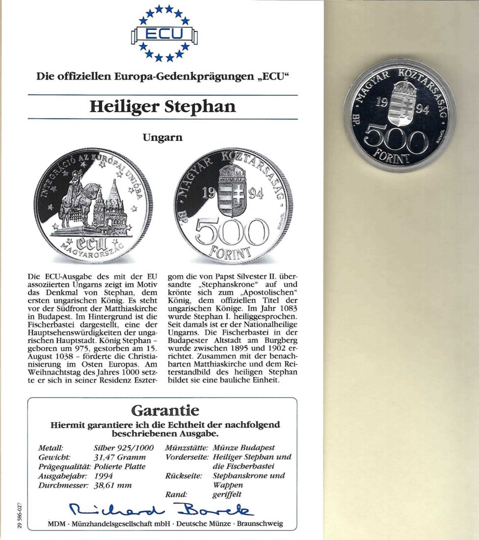  Ungarn 500 Forint 1994 Heiliger Stephan 925 Silber PP Golden Gate Koblenz Frank Maurer V 031   