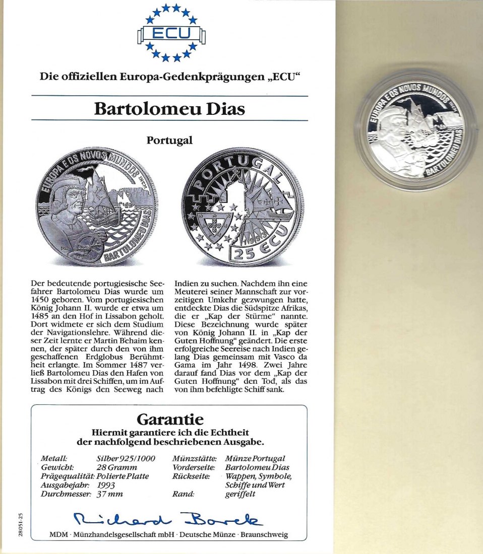  Portugal 25 Ecus 1993 Bartolomeus Dias 925 Silber PP Golden Gate Koblenz Frank Maurer V 032   