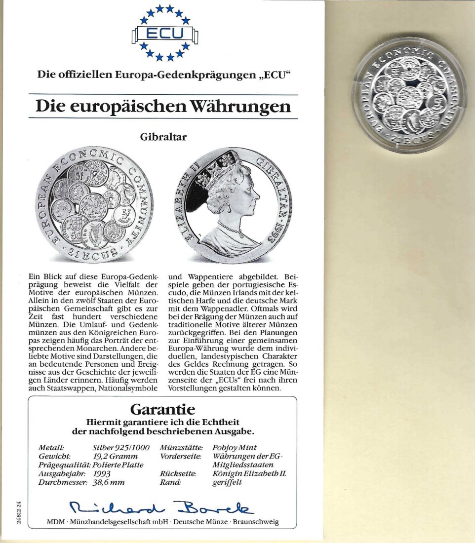  Gibraltar 21 Ecus 1993 Europäisch Währungen 925 Silber PP Golden Gate Koblenz Frank Maurer V 033   