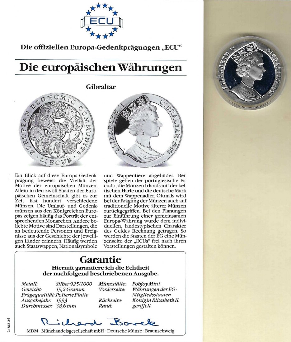  Gibraltar 21 Ecus 1993 Europäisch Währungen 925 Silber PP Golden Gate Koblenz Frank Maurer V 033   