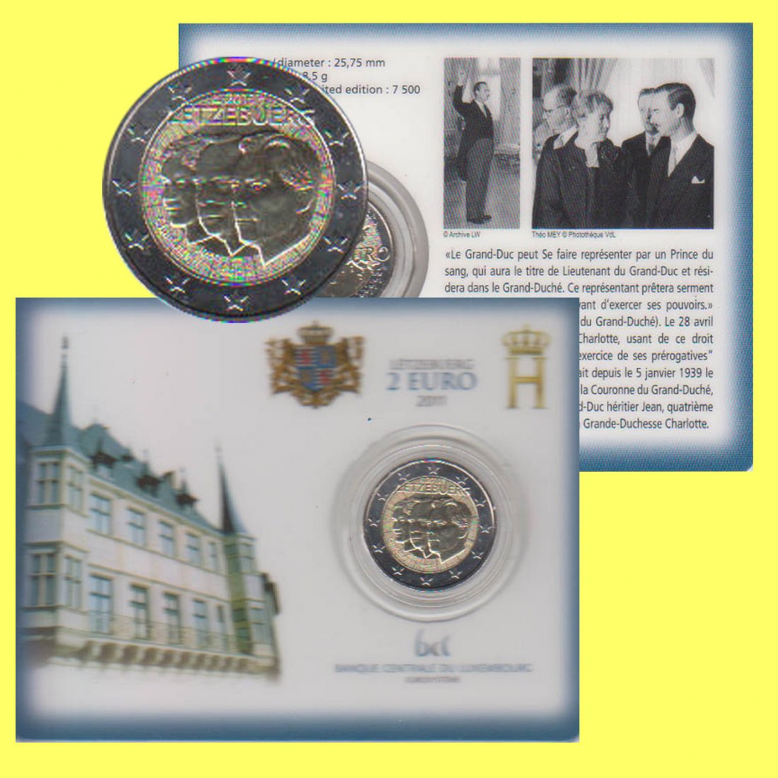  Offiz. Coincard 2 €-Sondermünze Luxemburg *Grossherzog Jean* 2011 nur 7.500St!   