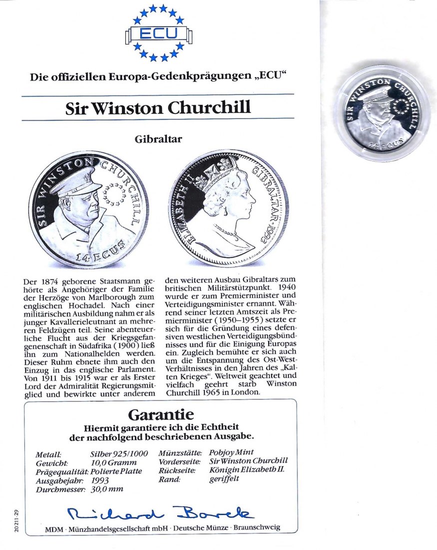  Gibraltar 14 Ecus 1993 Sir Winston Churchill 925 Silber PP Golden Gate Koblenz Frank Maurer V 037   