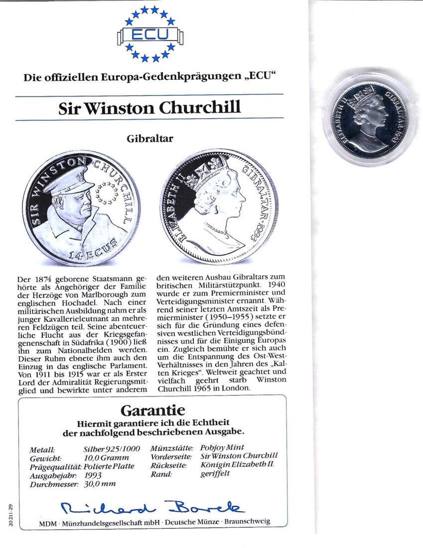  Gibraltar 14 Ecus 1993 Sir Winston Churchill 925 Silber PP Golden Gate Koblenz Frank Maurer V 037   