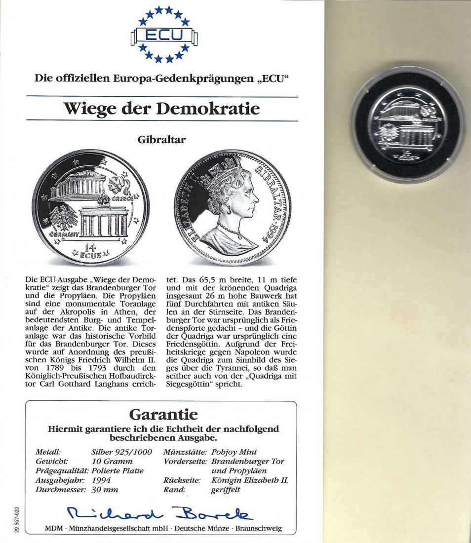  Gibraltar 14 Ecus 1994 Wiege der Demokratie 925 Silber PP Golden Gate Koblenz Frank Maurer V 039   