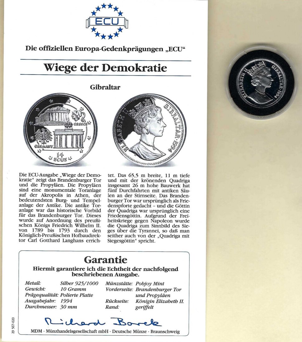  Gibraltar 14 Ecus 1994 Wiege der Demokratie 925 Silber PP Golden Gate Koblenz Frank Maurer V 039   