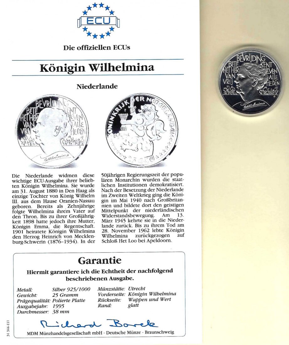  Niederlande 25 Ecus 1995 Königin Wilhelmina 925 Silber PP Golden Gate Koblenz Frank Maurer V 040   