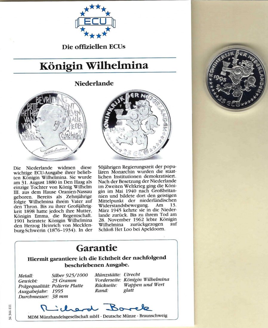  Niederlande 25 Ecus 1995 Königin Wilhelmina 925 Silber PP Golden Gate Koblenz Frank Maurer V 040   