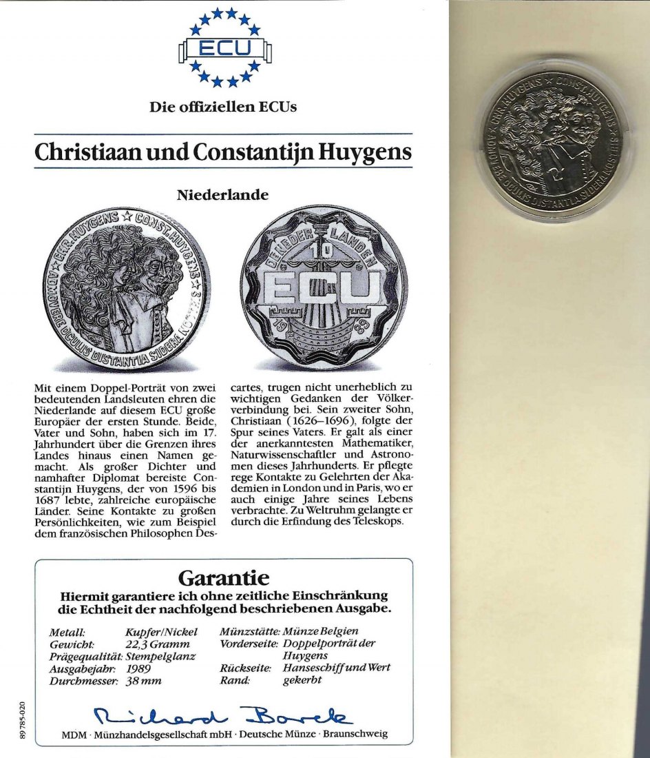  Niederlande 10 Ecus 1989 Christiaan und Constantijn Huygens PP GoldenGate Koblenz Frank Maurer V 041   