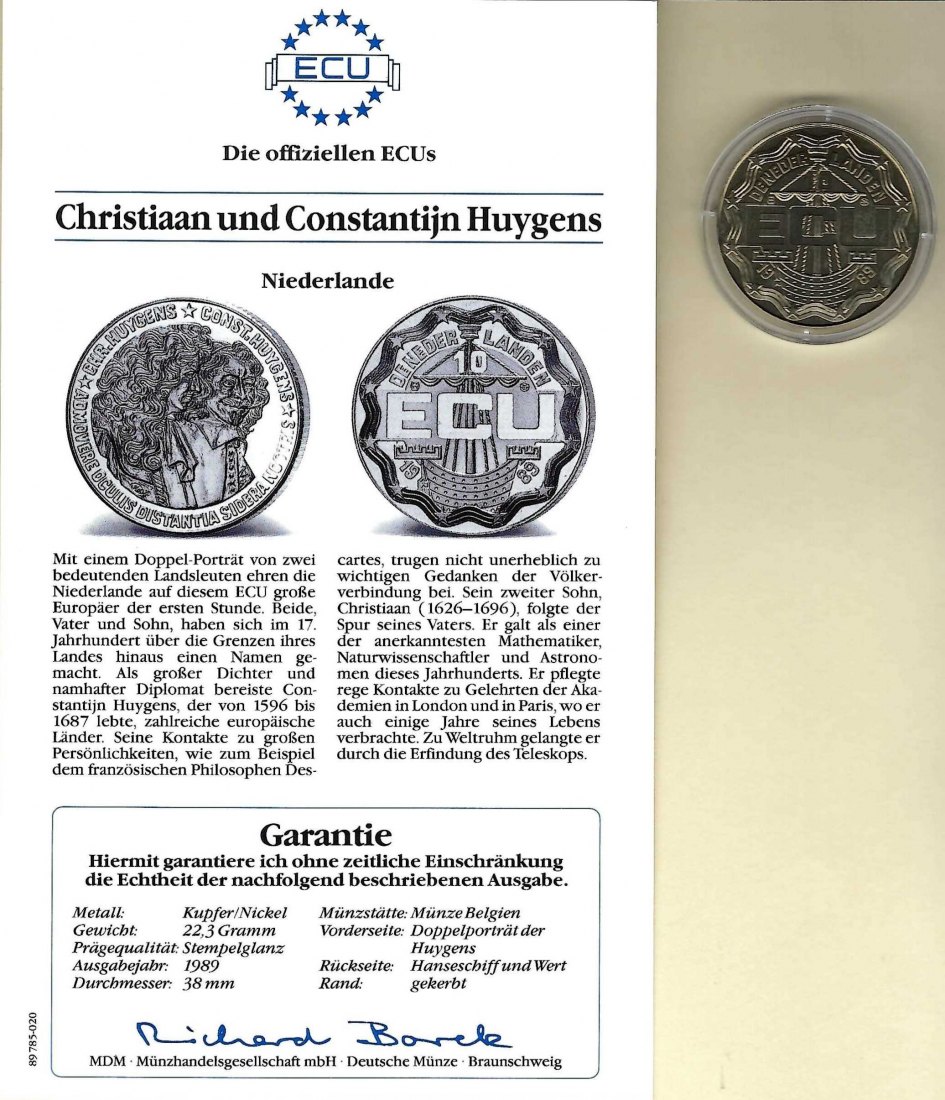  Niederlande 10 Ecus 1989 Christiaan und Constantijn Huygens PP GoldenGate Koblenz Frank Maurer V 041   