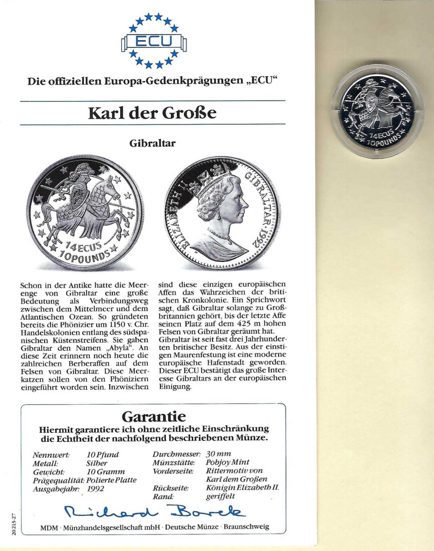  Gibraltar 10 Pounds 1992 Karl der Große 925 Silber PP Golden Gate Koblenz Frank Maurer V 042   