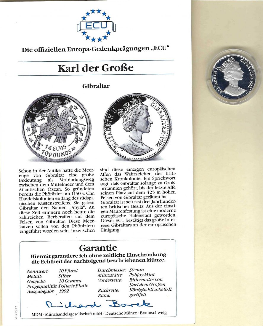  Gibraltar 10 Pounds 1992 Karl der Große 925 Silber PP Golden Gate Koblenz Frank Maurer V 042   