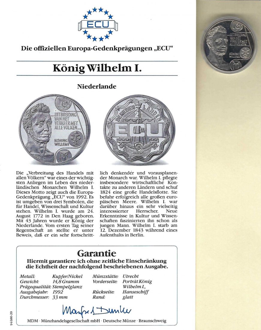  Niederlande 2 1/2 Ecus 1992 König Wilhelm I. K/N PP Golden Gate Koblenz Frank Maurer V 043   