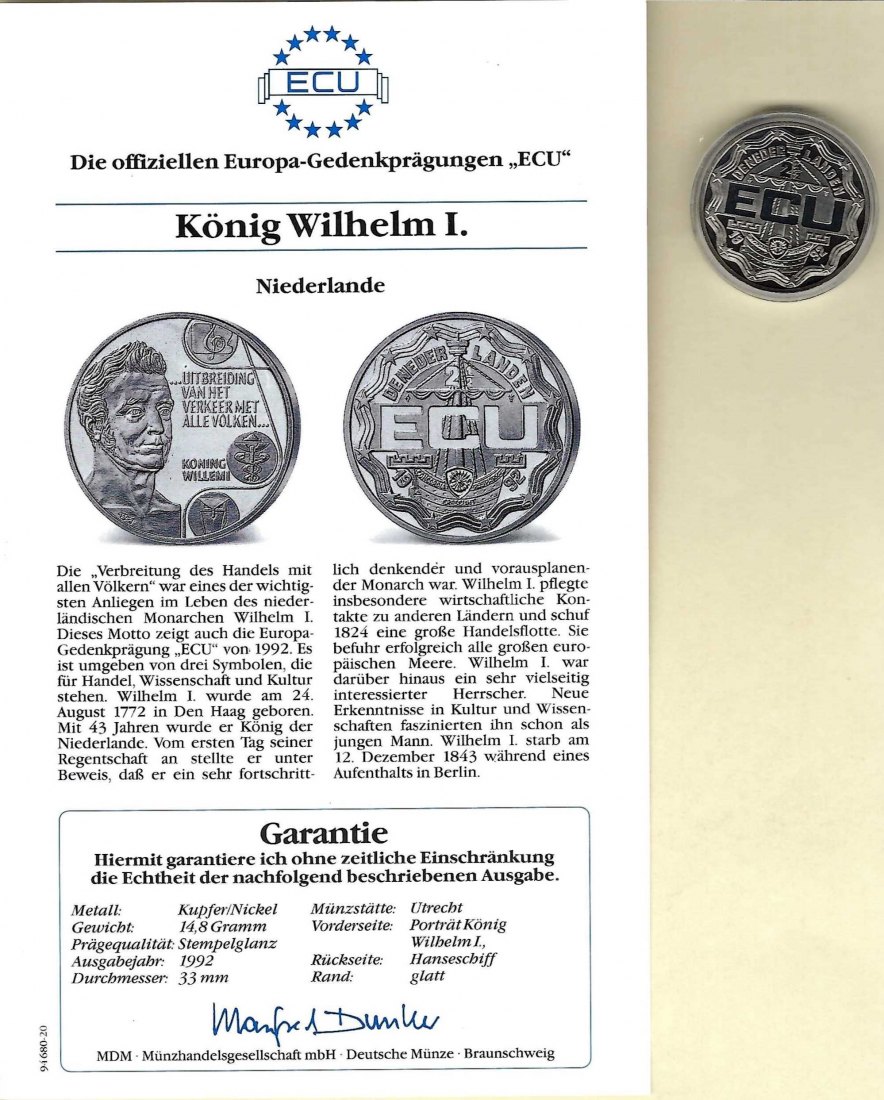  Niederlande 2 1/2 Ecus 1992 König Wilhelm I. K/N PP Golden Gate Koblenz Frank Maurer V 043   