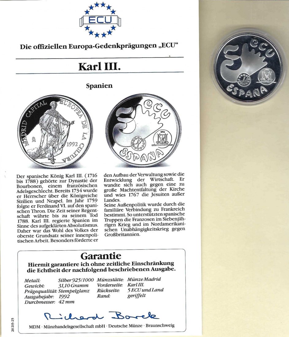  Spanien 1 Ecu 1992 Karl III. 925 Silber PP Golden Gate Koblenz Frank Maurer V 044   